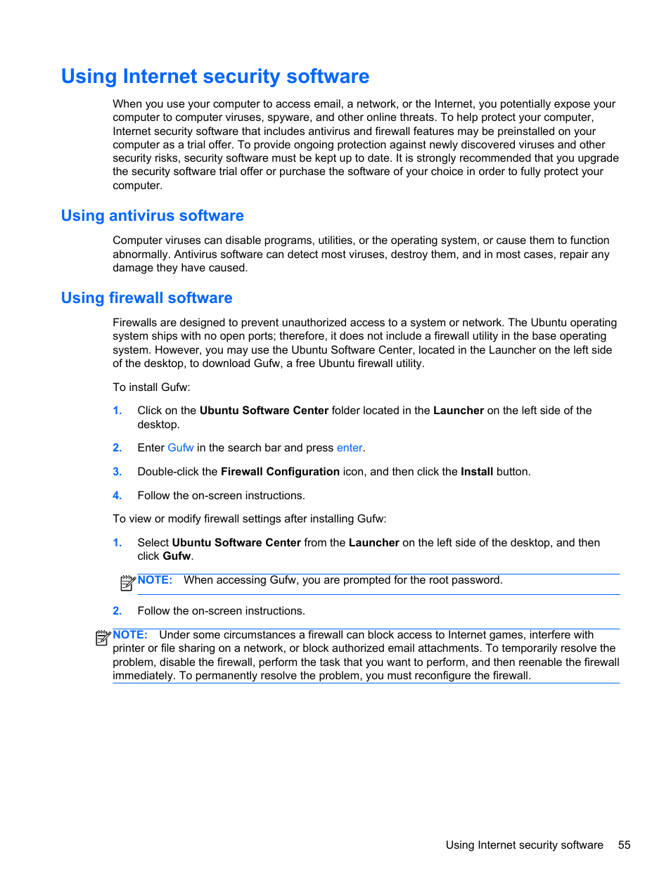 Using internet security software, Using antivirus software, Using firewall software | Using antivirus software using firewall software | HP Pavilion Sleekbook 14-b015dx User Manual | Page 65 / 85