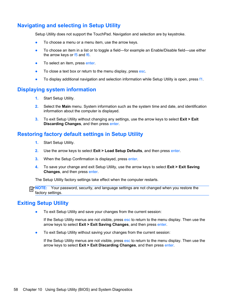 Navigating and selecting in setup utility, Displaying system information, Exiting setup utility | HP Pavilion Sleekbook 14-b015dx User Manual | Page 68 / 85