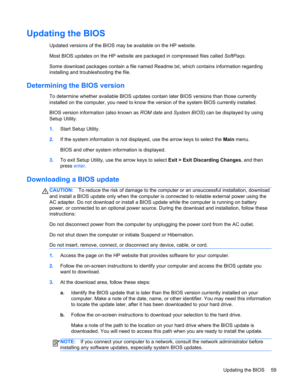 Updating the bios, Determining the bios version, Downloading a bios update | HP Pavilion Sleekbook 14-b015dx User Manual | Page 69 / 85