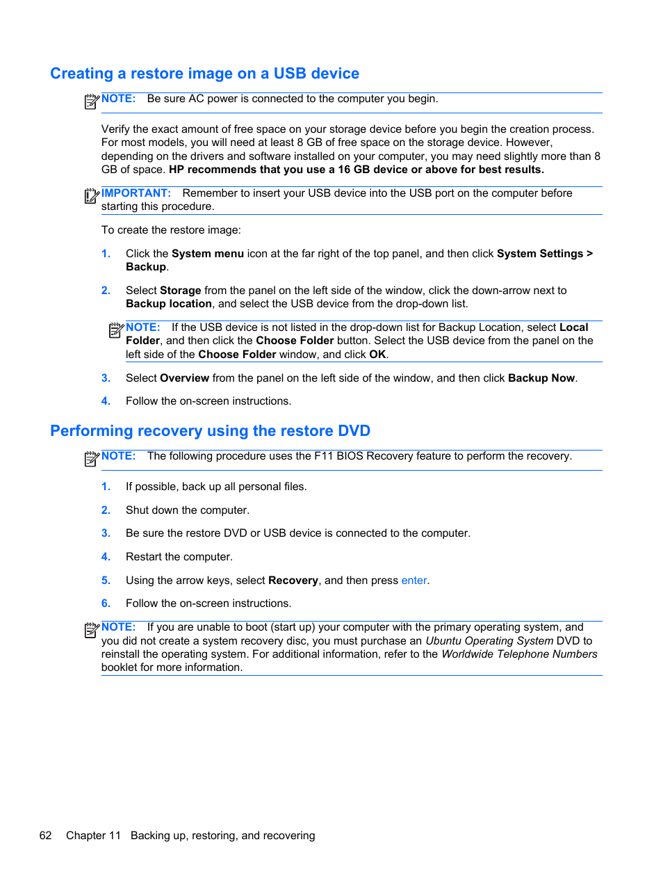 Creating a restore image on a usb device, Performing recovery using the restore dvd | HP Pavilion Sleekbook 14-b015dx User Manual | Page 72 / 85