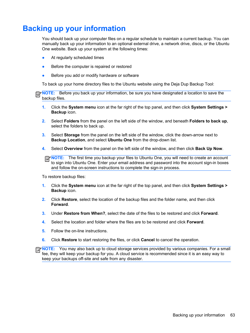 Backing up your information | HP Pavilion Sleekbook 14-b015dx User Manual | Page 73 / 85
