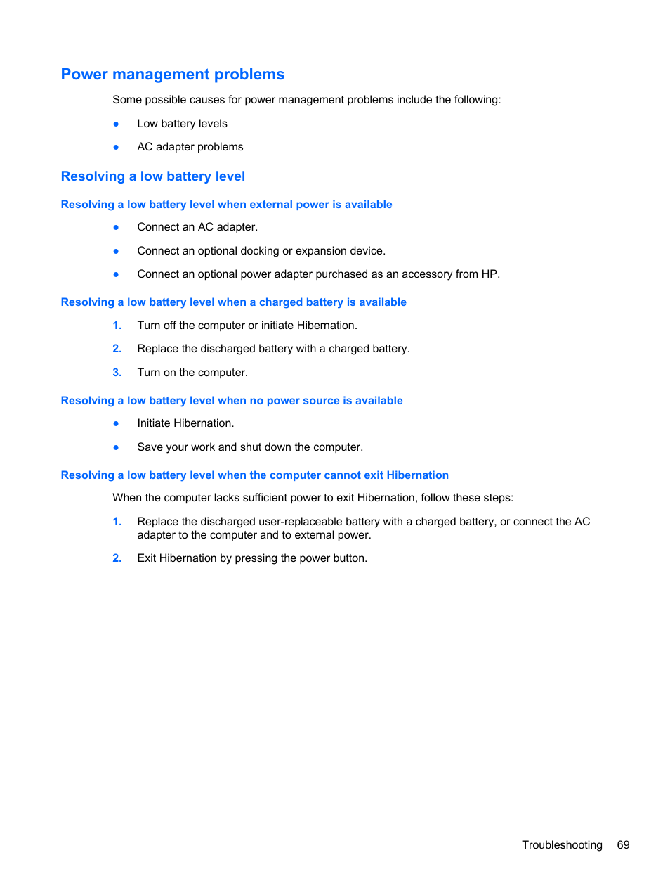 Power management problems, Resolving a low battery level | HP Pavilion Sleekbook 14-b015dx User Manual | Page 79 / 85
