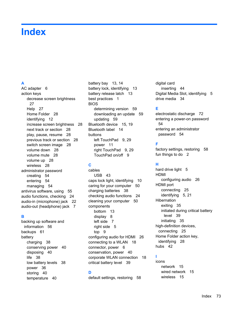 Index | HP Pavilion Sleekbook 14-b015dx User Manual | Page 83 / 85