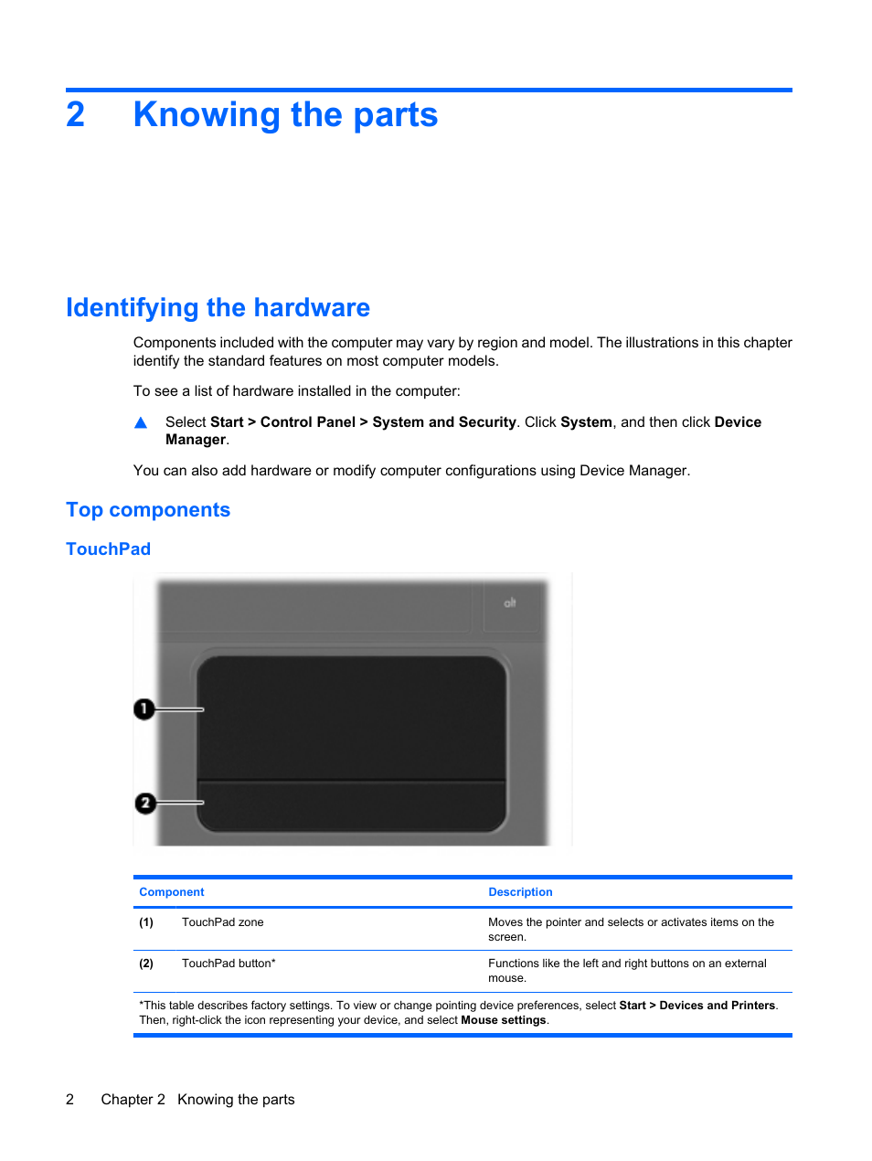 Knowing the parts, Identifying the hardware, Top components | Touchpad, 2 knowing the parts, 2knowing the parts | HP Mini 1103 User Manual | Page 10 / 83