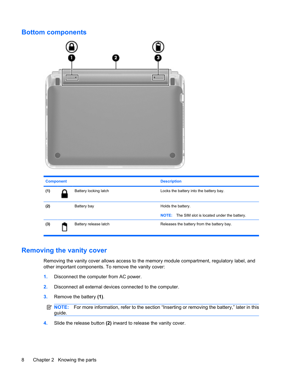 Bottom components, Removing the vanity cover, Bottom components removing the vanity cover | HP Mini 1103 User Manual | Page 16 / 83