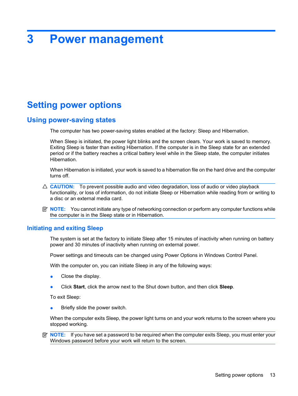 Power management, Setting power options, Using power-saving states | Initiating and exiting sleep, 3 power management, 3power management | HP Mini 1103 User Manual | Page 21 / 83
