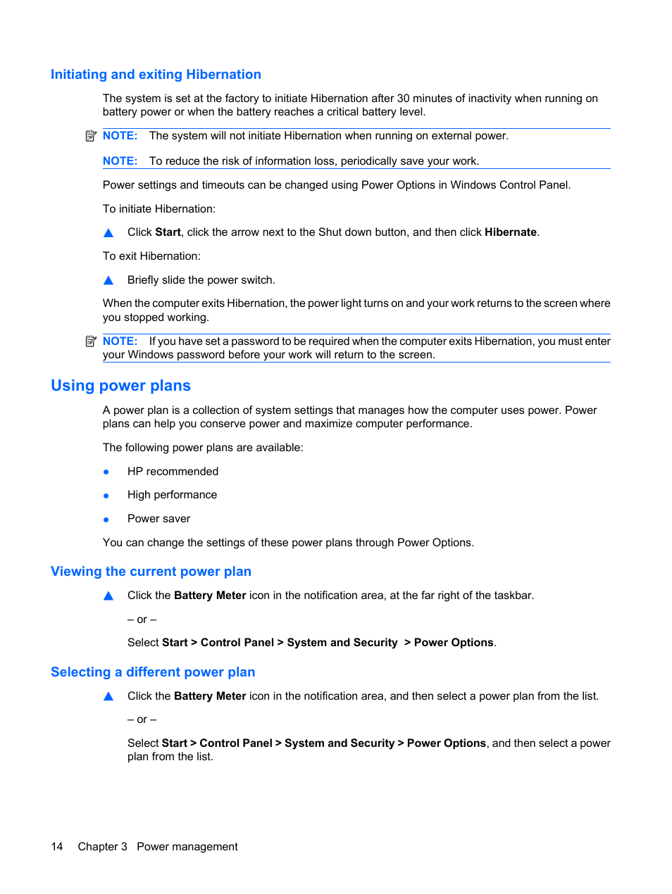 Initiating and exiting hibernation, Using power plans, Viewing the current power plan | Selecting a different power plan | HP Mini 1103 User Manual | Page 22 / 83