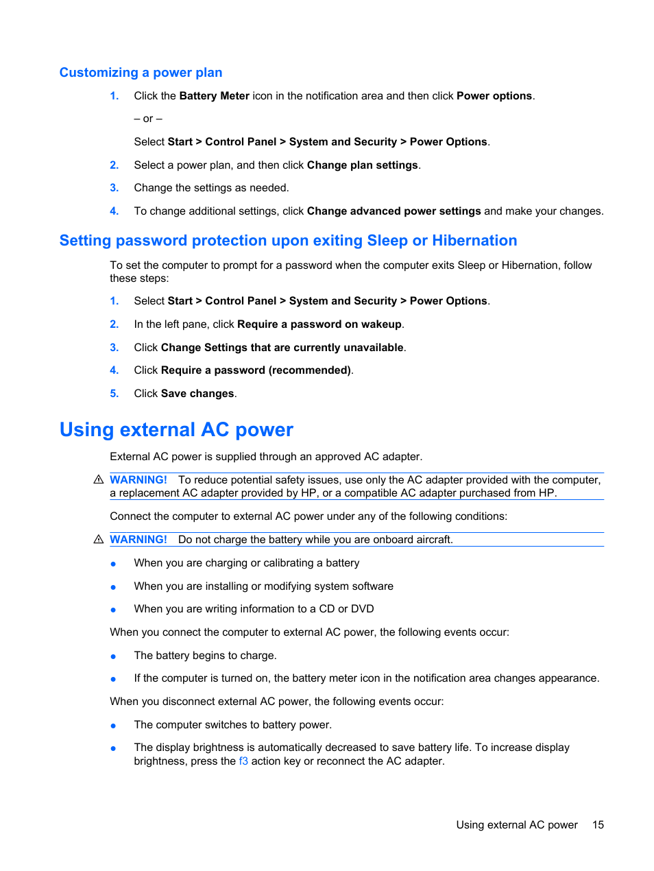 Customizing a power plan, Using external ac power | HP Mini 1103 User Manual | Page 23 / 83