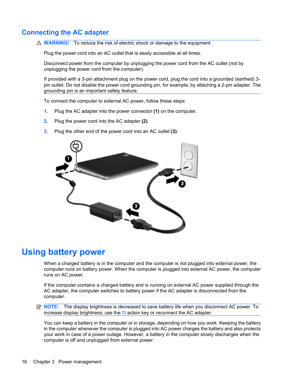 Connecting the ac adapter, Using battery power | HP Mini 1103 User Manual | Page 24 / 83