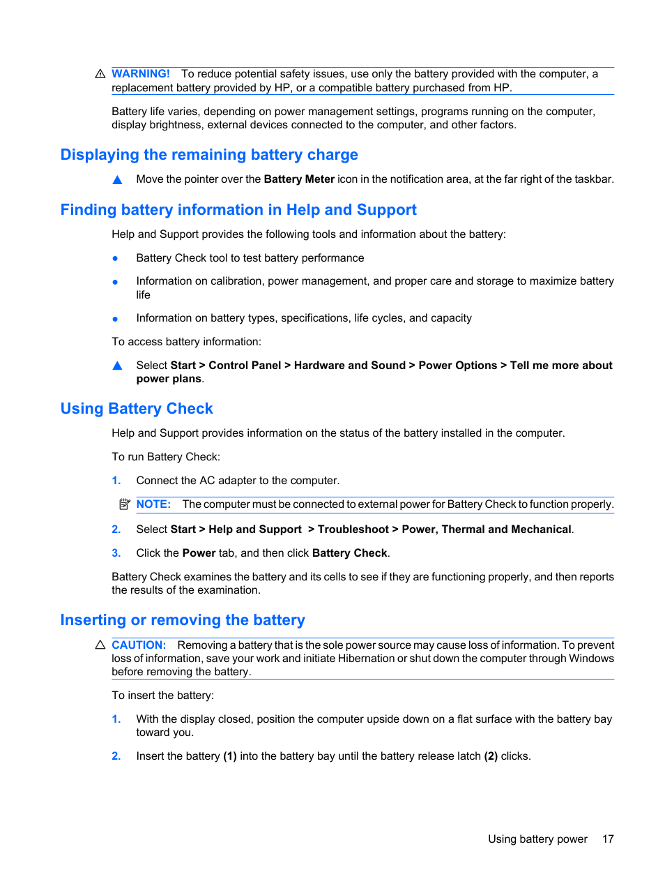 Displaying the remaining battery charge, Finding battery information in help and support, Using battery check | Inserting or removing the battery | HP Mini 1103 User Manual | Page 25 / 83