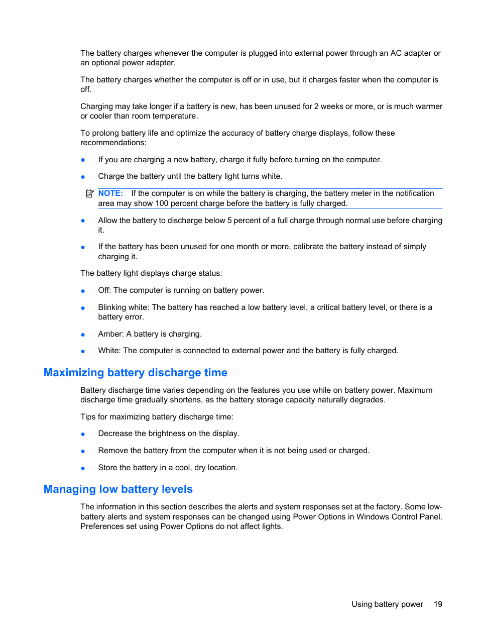 Maximizing battery discharge time, Managing low battery levels | HP Mini 1103 User Manual | Page 27 / 83