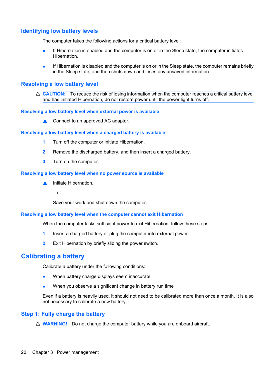 Identifying low battery levels, Resolving a low battery level, Calibrating a battery | Step 1: fully charge the battery | HP Mini 1103 User Manual | Page 28 / 83