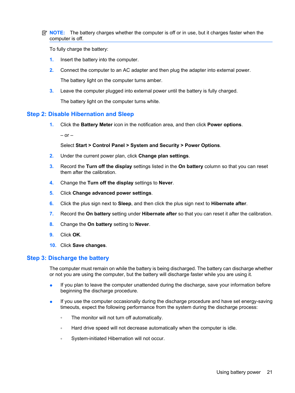 Step 2: disable hibernation and sleep, Step 3: discharge the battery | HP Mini 1103 User Manual | Page 29 / 83
