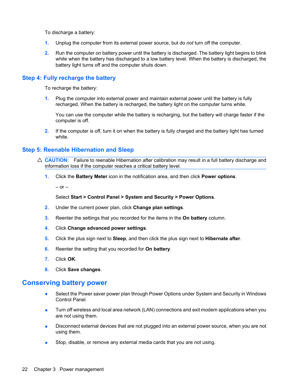 Step 4: fully recharge the battery, Step 5: reenable hibernation and sleep, Conserving battery power | HP Mini 1103 User Manual | Page 30 / 83