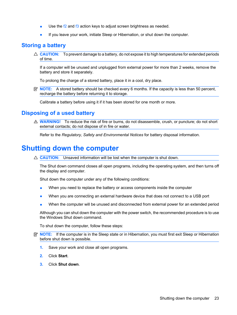 Storing a battery, Disposing of a used battery, Shutting down the computer | Storing a battery disposing of a used battery | HP Mini 1103 User Manual | Page 31 / 83
