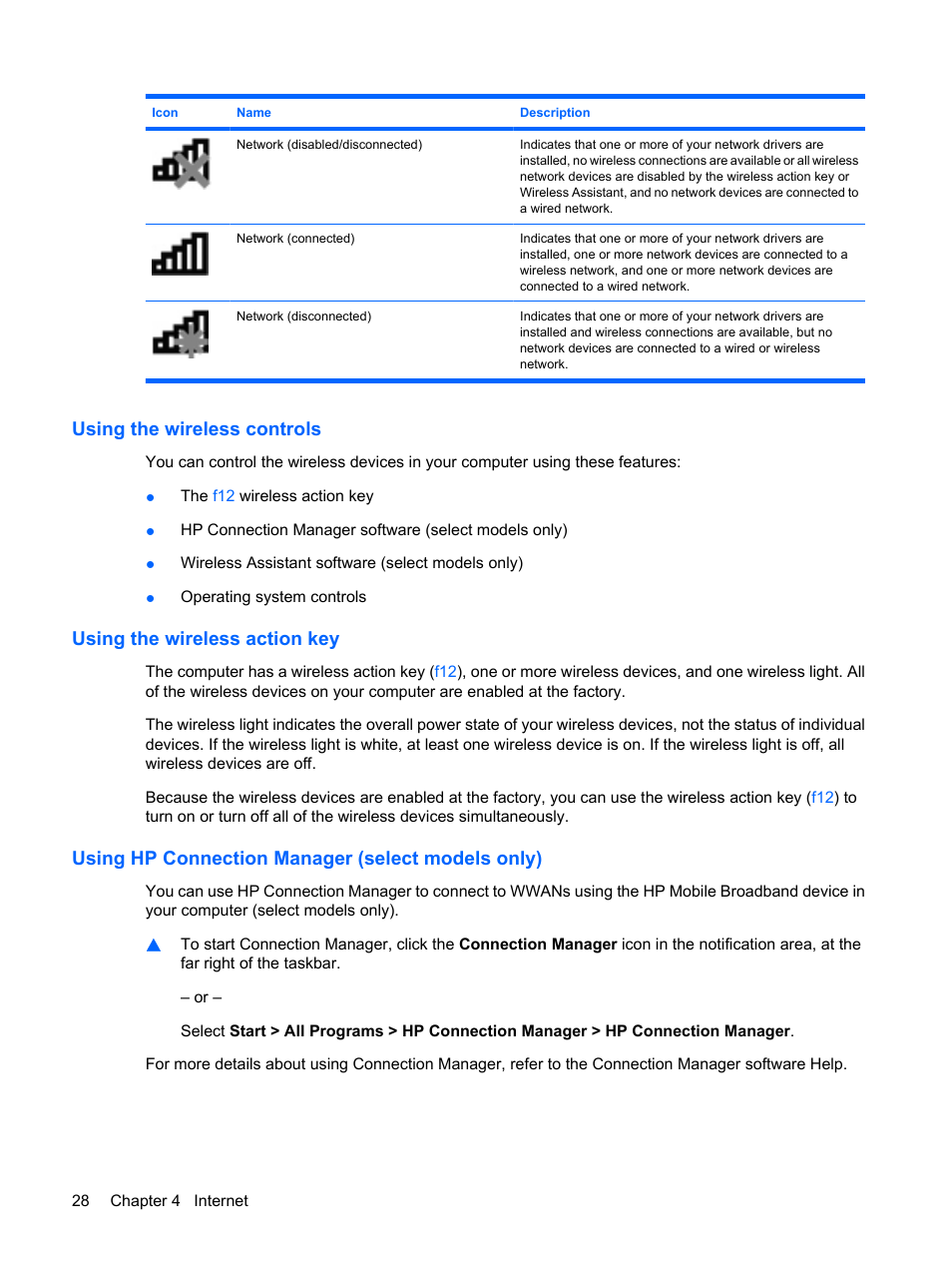 Using the wireless controls, Using the wireless action key, Using hp connection manager (select models only) | HP Mini 1103 User Manual | Page 36 / 83