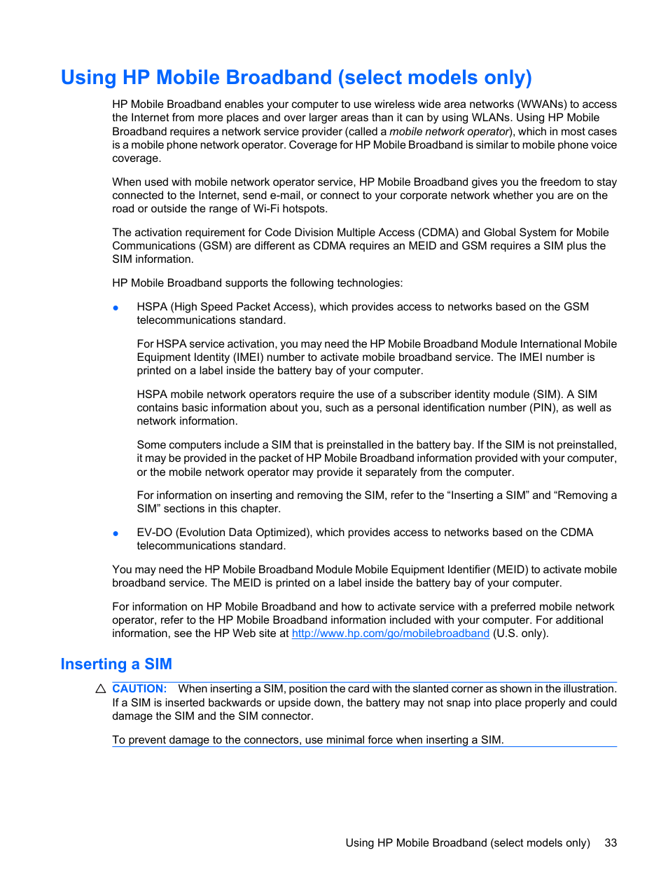 Using hp mobile broadband (select models only), Inserting a sim | HP Mini 1103 User Manual | Page 41 / 83