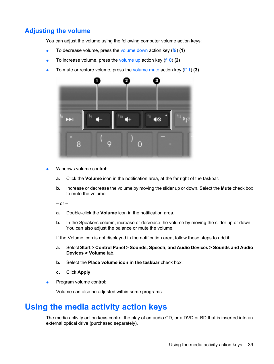 Adjusting the volume, Using the media activity action keys | HP Mini 1103 User Manual | Page 47 / 83