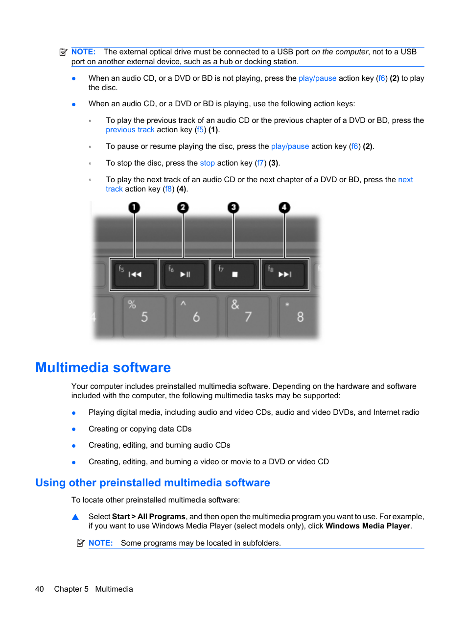 Multimedia software, Using other preinstalled multimedia software | HP Mini 1103 User Manual | Page 48 / 83