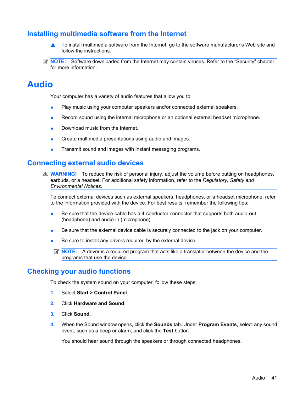 Installing multimedia software from the internet, Audio, Connecting external audio devices | Checking your audio functions | HP Mini 1103 User Manual | Page 49 / 83