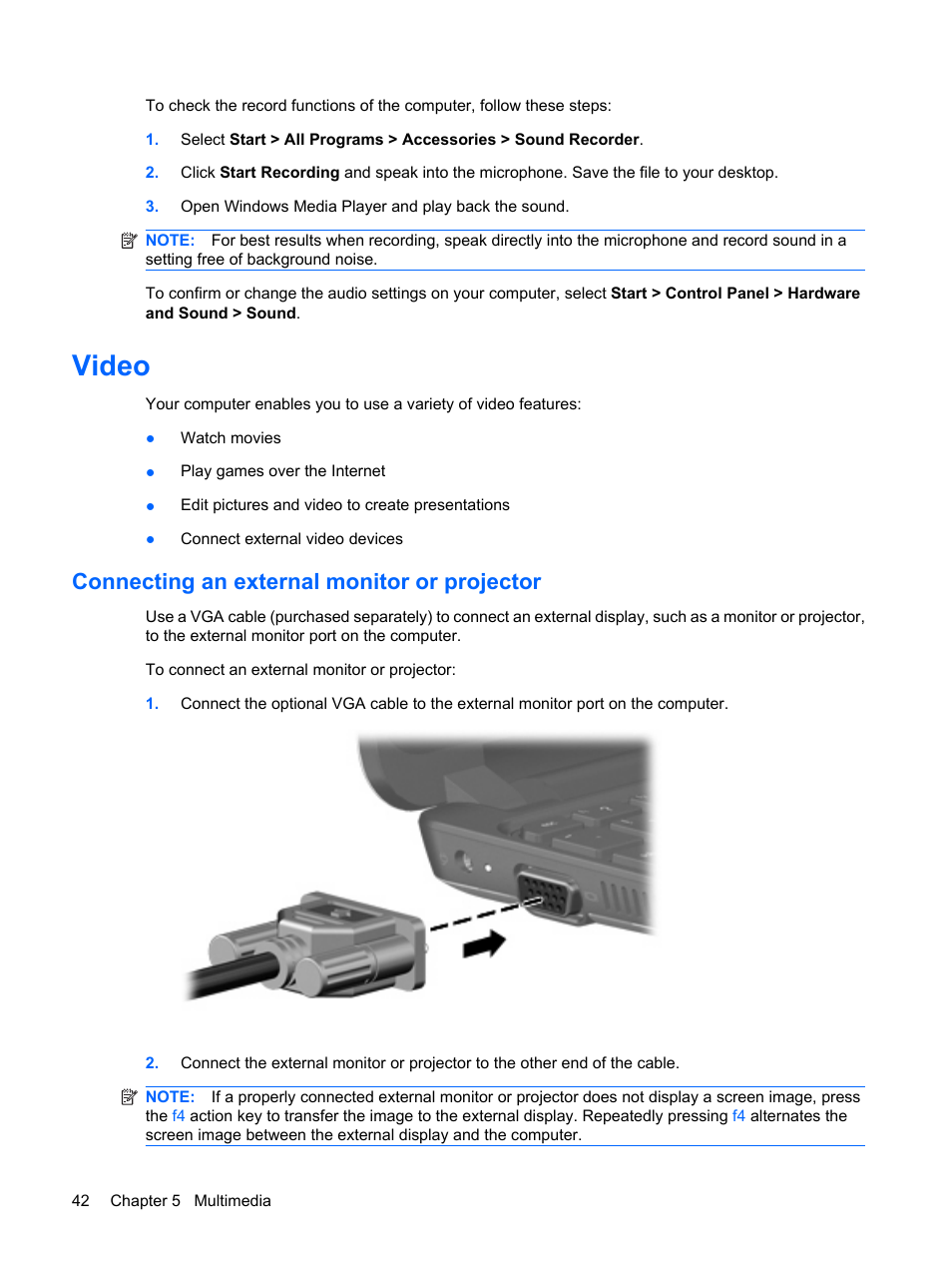 Video, Connecting an external monitor or projector | HP Mini 1103 User Manual | Page 50 / 83