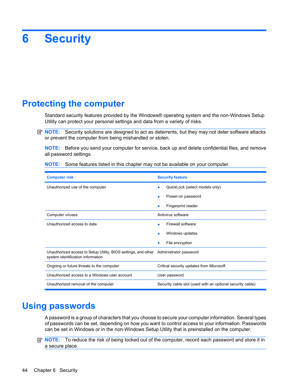 Security, Protecting the computer, Using passwords | 6 security, Protecting the computer using passwords, 6security | HP Mini 1103 User Manual | Page 52 / 83