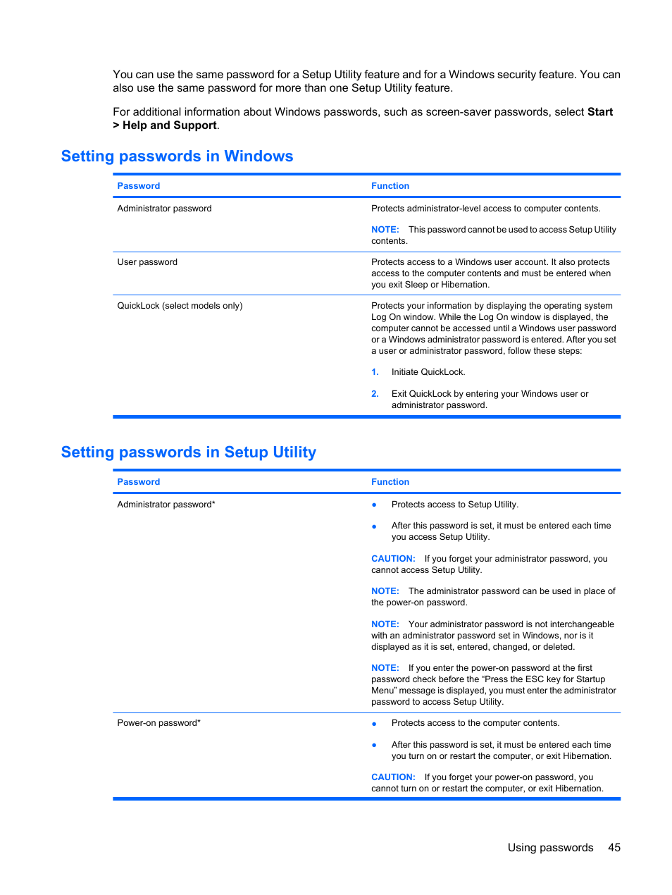 Setting passwords in windows, Setting passwords in setup utility | HP Mini 1103 User Manual | Page 53 / 83