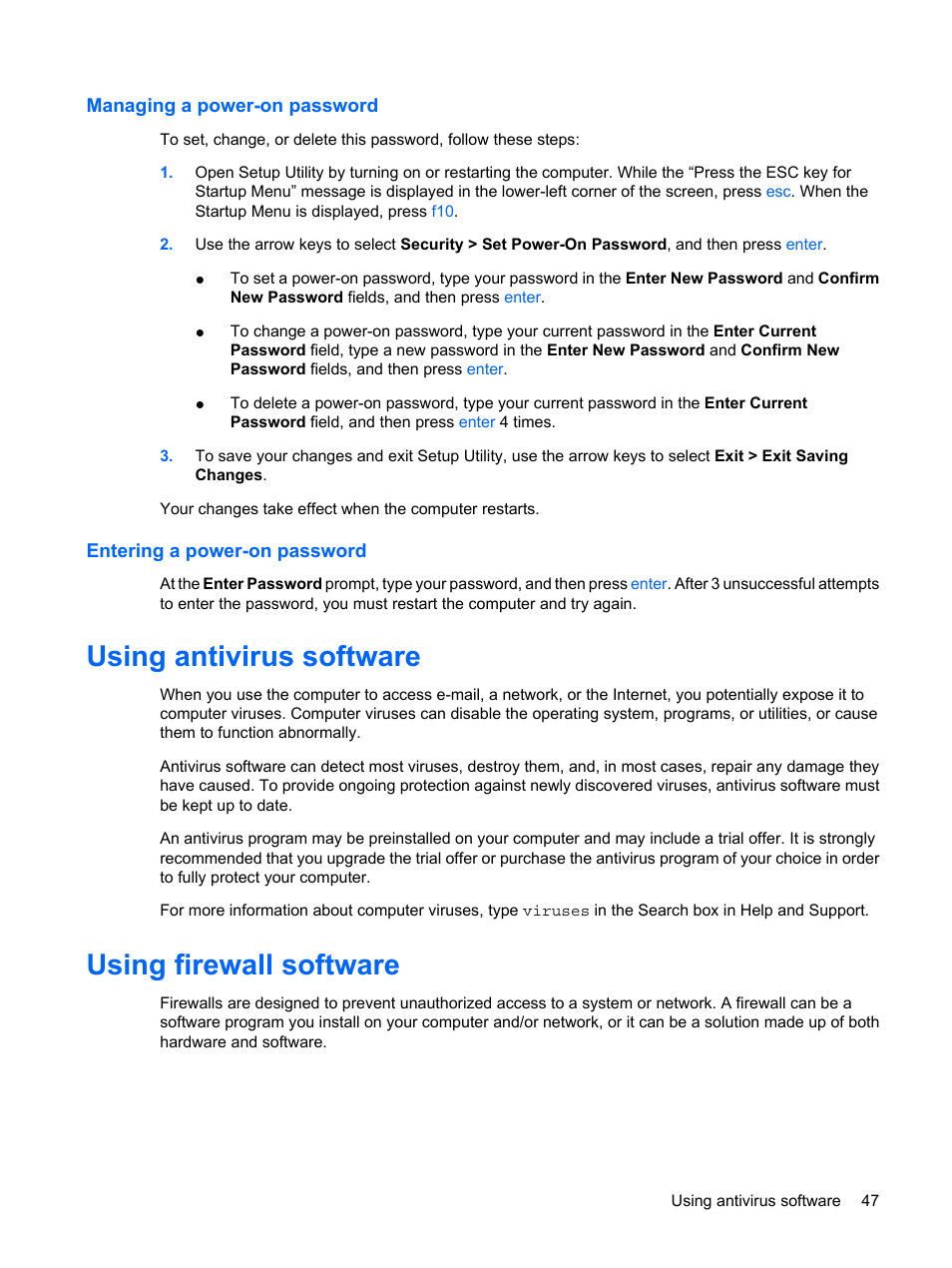 Managing a power-on password, Entering a power-on password, Using antivirus software | Using firewall software, Using antivirus software using firewall software | HP Mini 1103 User Manual | Page 55 / 83