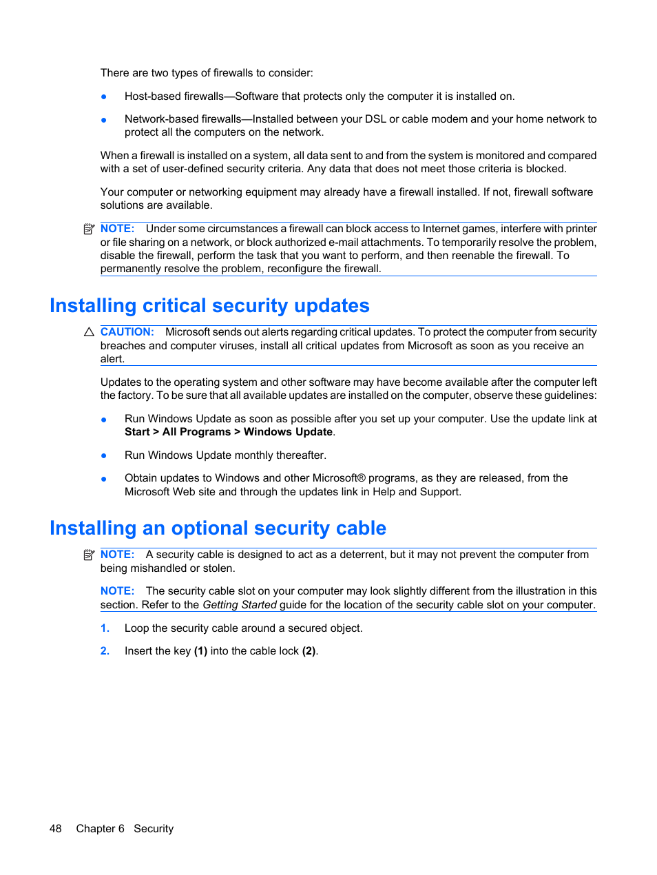 Installing critical security updates, Installing an optional security cable | HP Mini 1103 User Manual | Page 56 / 83