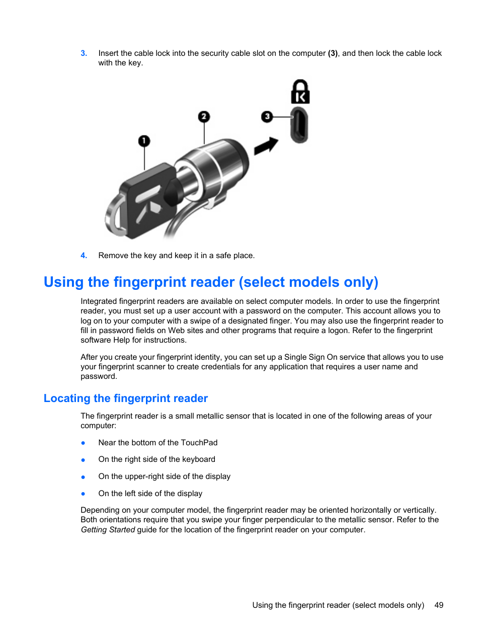 Using the fingerprint reader (select models only), Locating the fingerprint reader | HP Mini 1103 User Manual | Page 57 / 83