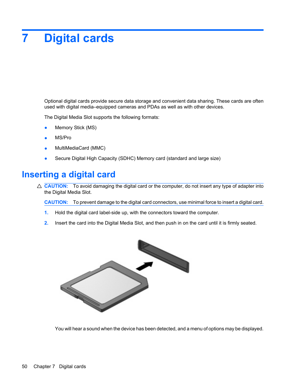 Digital cards, Inserting a digital card, 7 digital cards | 7digital cards | HP Mini 1103 User Manual | Page 58 / 83