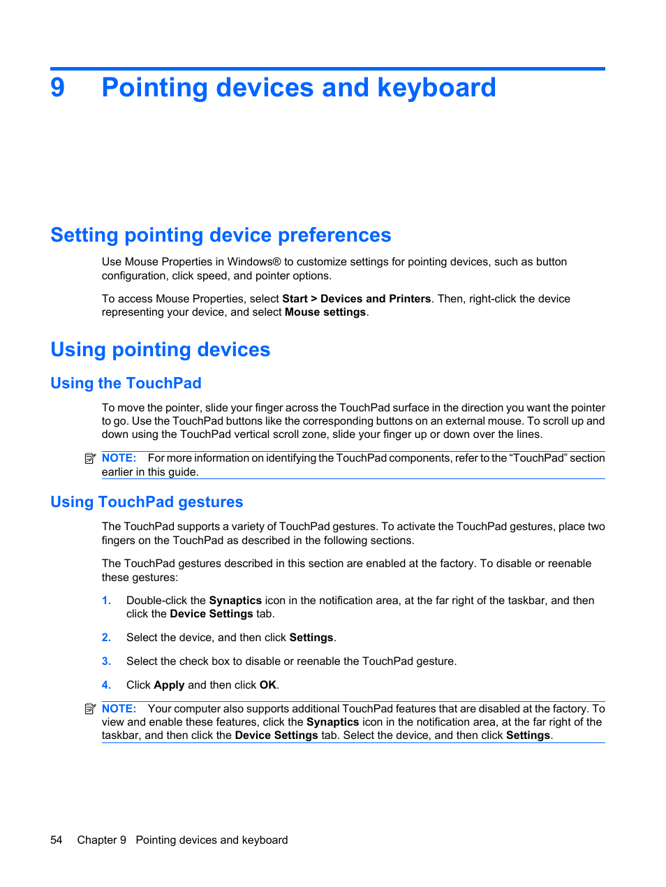 Pointing devices and keyboard, Setting pointing device preferences, Using pointing devices | Using the touchpad, Using touchpad gestures, 9 pointing devices and keyboard, Using the touchpad using touchpad gestures, 9pointing devices and keyboard | HP Mini 1103 User Manual | Page 62 / 83