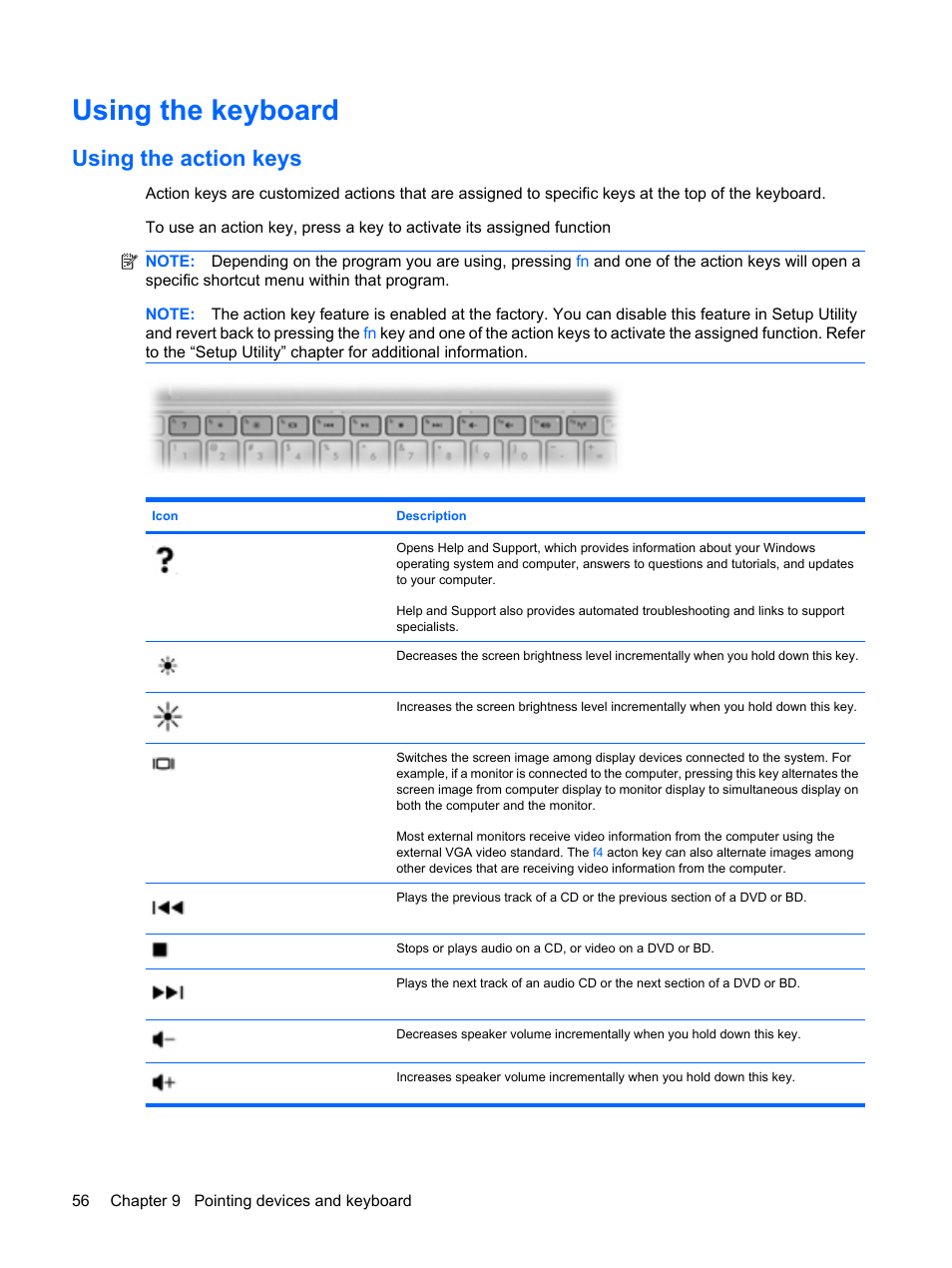 Using the keyboard, Using the action keys | HP Mini 1103 User Manual | Page 64 / 83