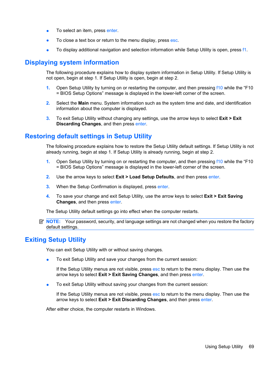 Displaying system information, Restoring default settings in setup utility, Exiting setup utility | HP Mini 1103 User Manual | Page 77 / 83