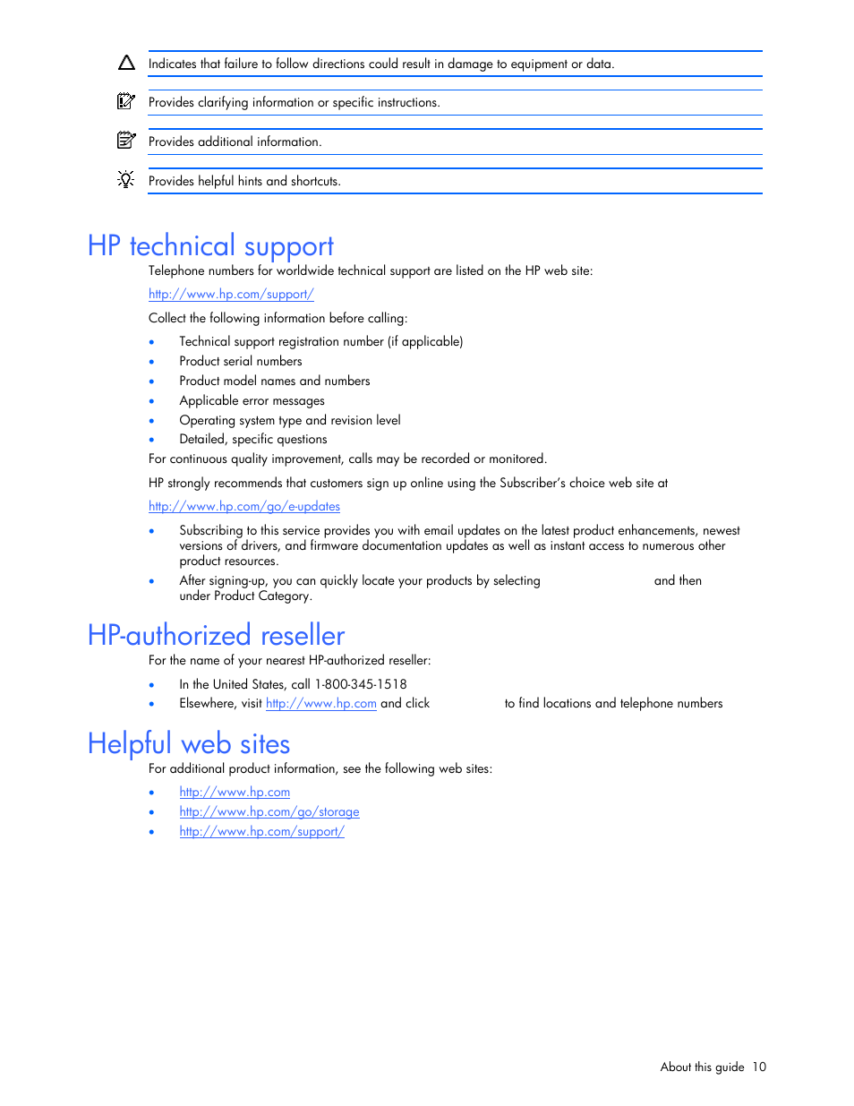 Hp technical support, Hp-authorized reseller, Helpful web sites | HP StorageWorks XP Remote Web Console Software User Manual | Page 10 / 131