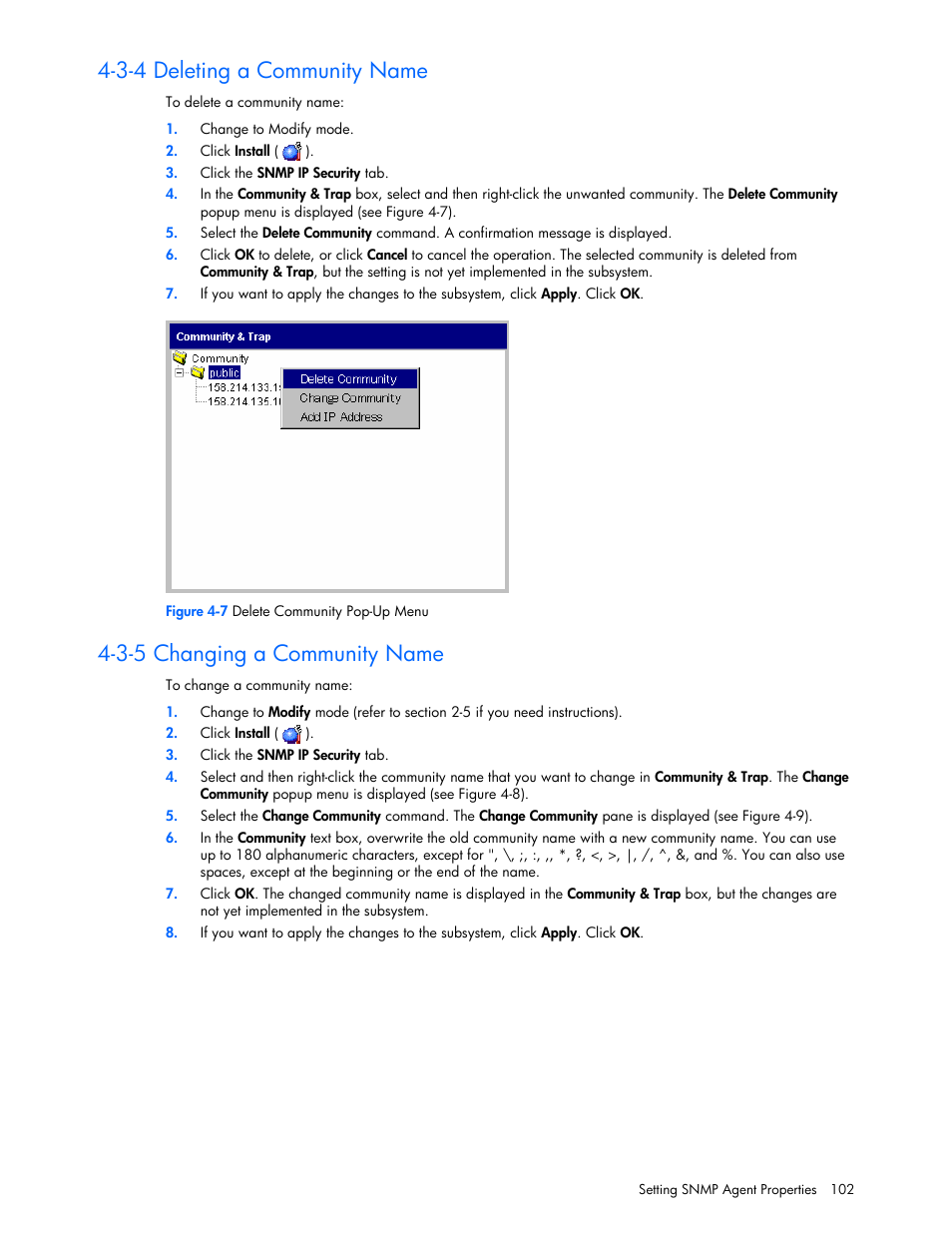 3-4 deleting a community name, 3-5 changing a community name | HP StorageWorks XP Remote Web Console Software User Manual | Page 102 / 131