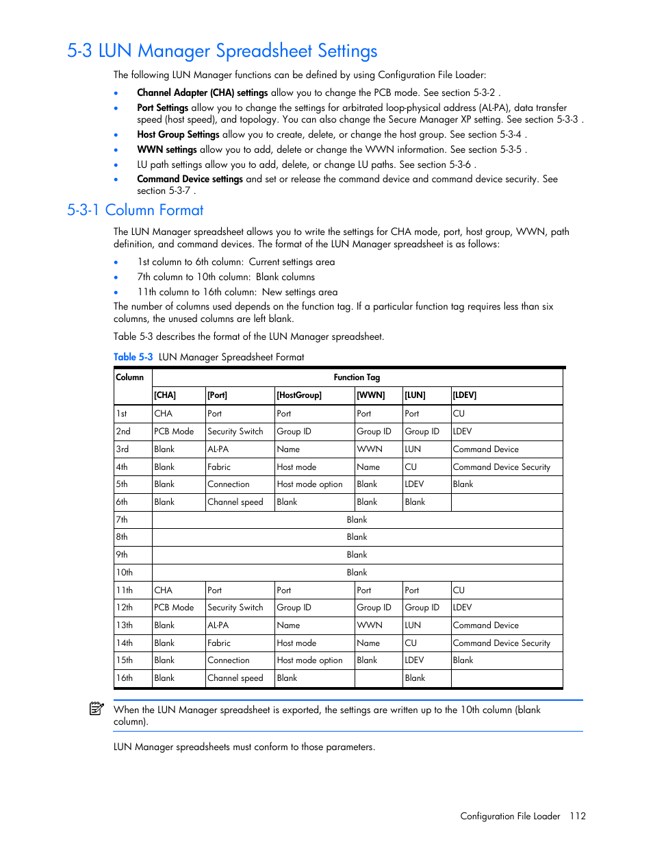 3 lun manager spreadsheet settings, 3-1 column format | HP StorageWorks XP Remote Web Console Software User Manual | Page 112 / 131