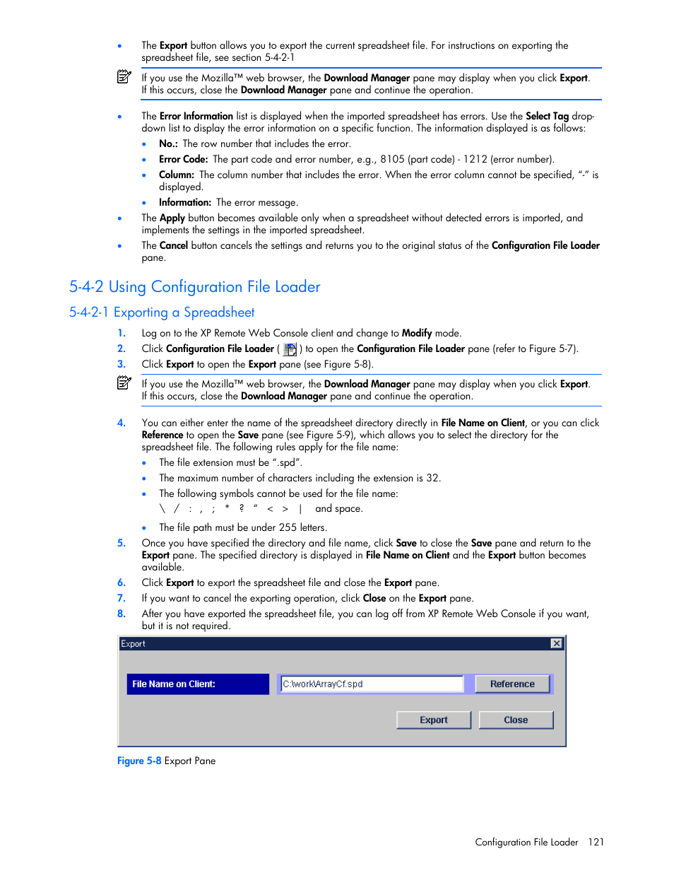 4-2 using configuration file loader, 4-2-1 exporting a spreadsheet | HP StorageWorks XP Remote Web Console Software User Manual | Page 121 / 131