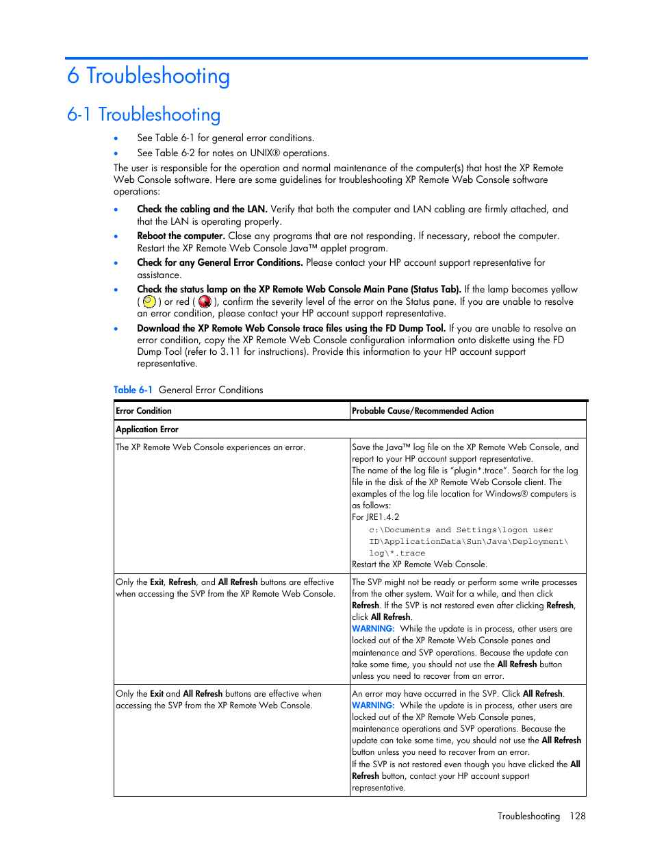 6 troubleshooting, 1 troubleshooting | HP StorageWorks XP Remote Web Console Software User Manual | Page 128 / 131