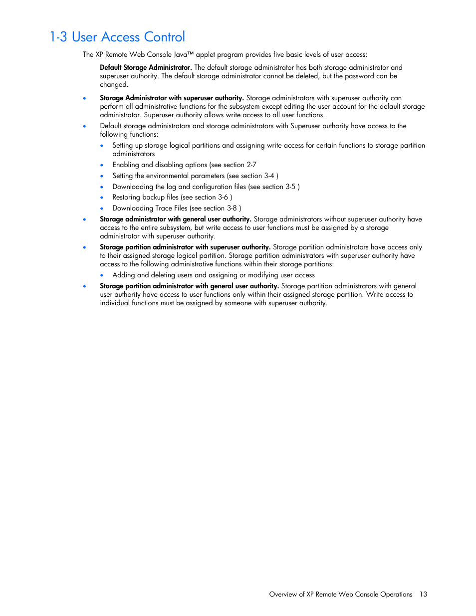 3 user access control | HP StorageWorks XP Remote Web Console Software User Manual | Page 13 / 131