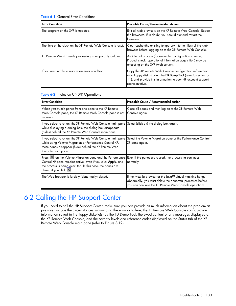 2 calling the hp support center | HP StorageWorks XP Remote Web Console Software User Manual | Page 130 / 131