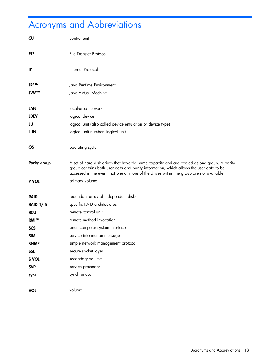 Acronyms and abbreviations | HP StorageWorks XP Remote Web Console Software User Manual | Page 131 / 131