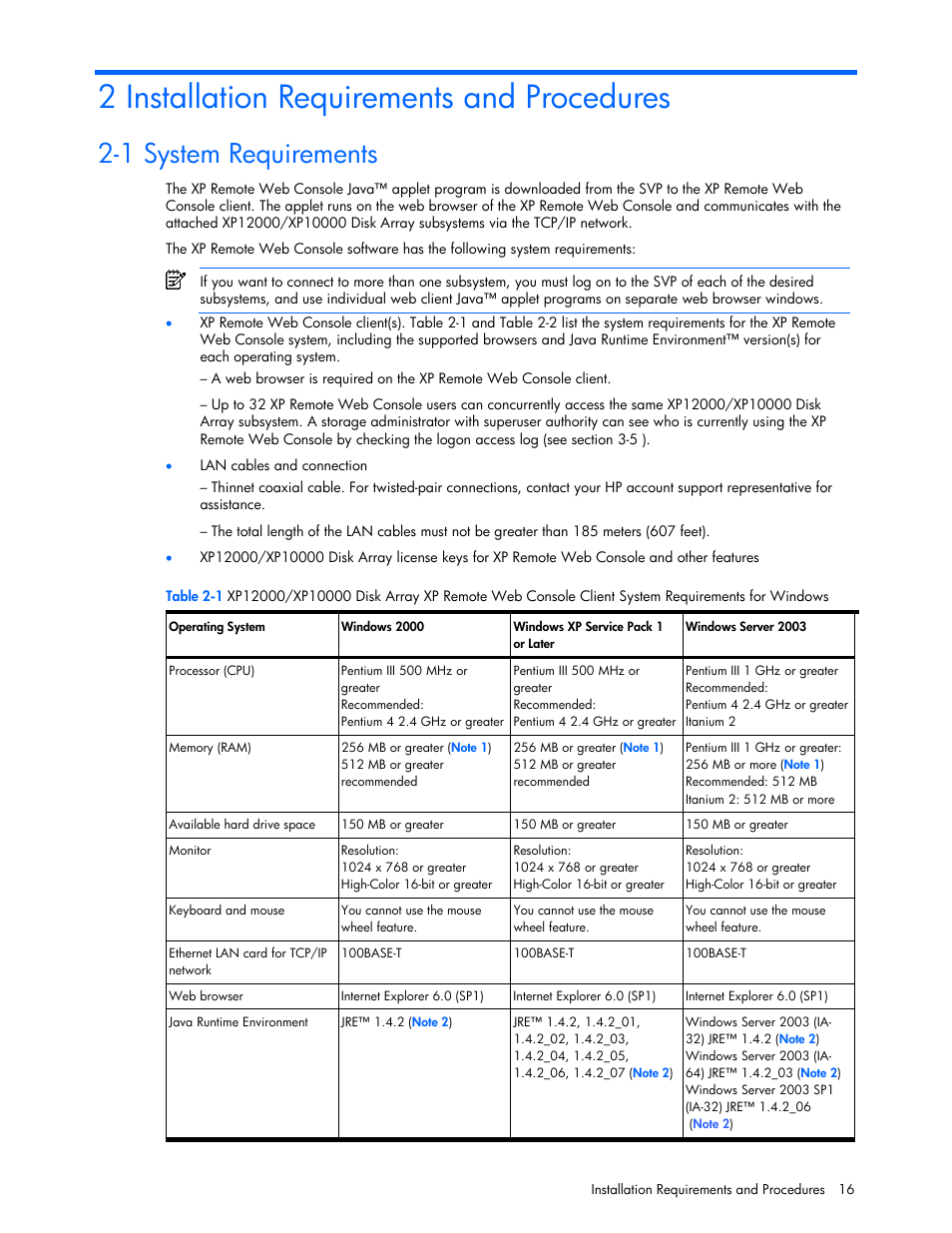 2 installation requirements and procedures, 1 system requirements | HP StorageWorks XP Remote Web Console Software User Manual | Page 16 / 131