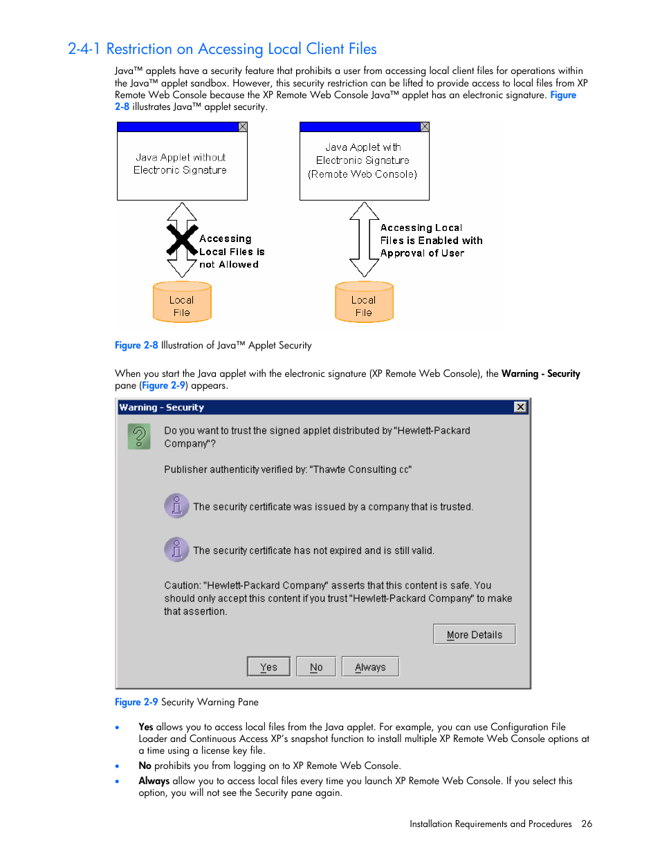 4-1 restriction on accessing local client files | HP StorageWorks XP Remote Web Console Software User Manual | Page 26 / 131