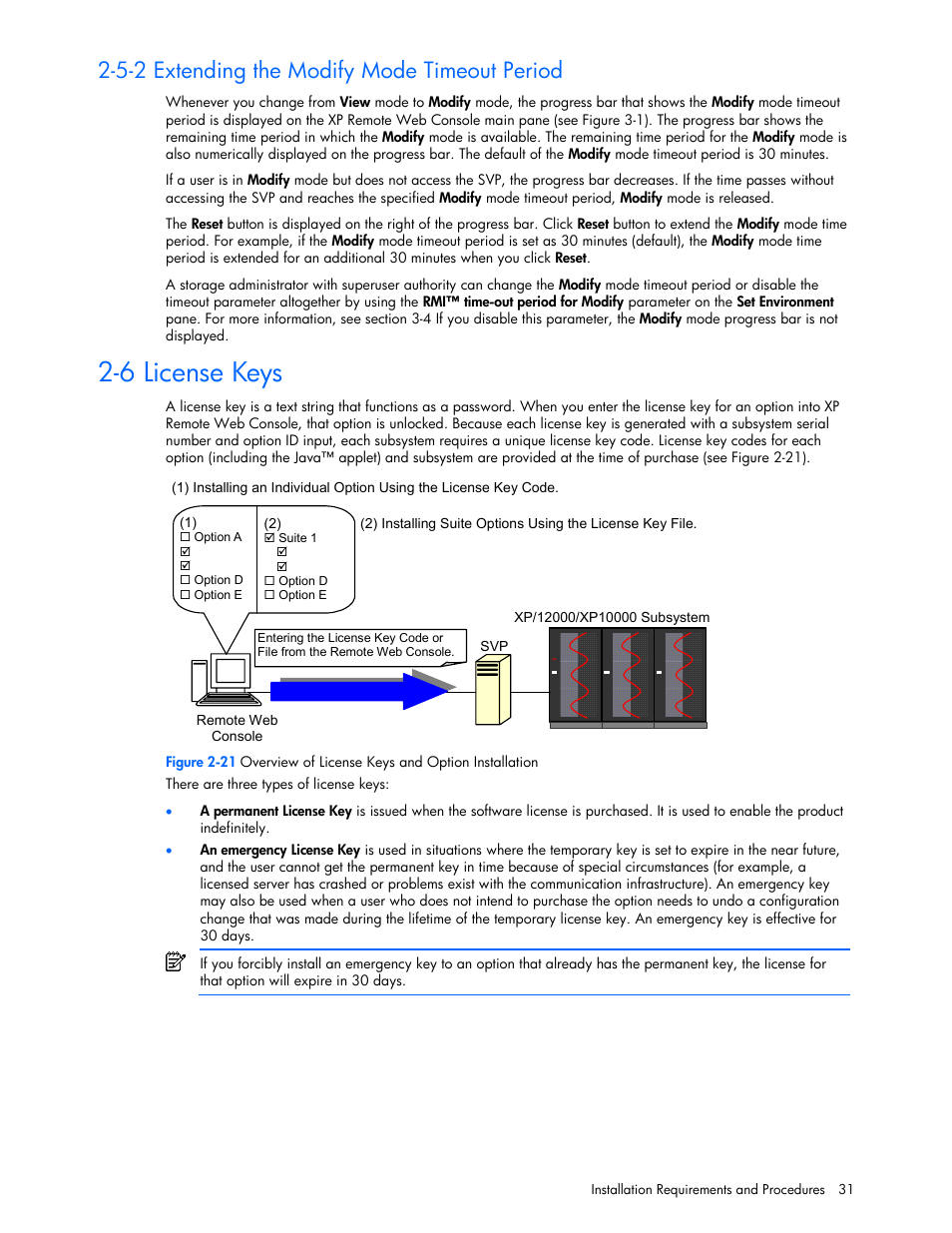 6 license keys, 5-2 extending the modify mode timeout period | HP StorageWorks XP Remote Web Console Software User Manual | Page 31 / 131