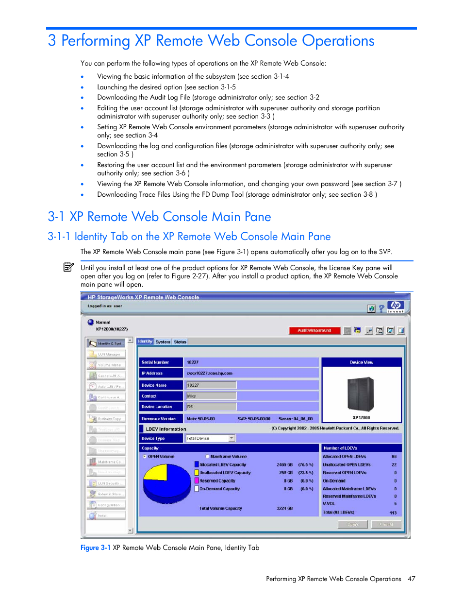 3 performing xp remote web console operations, 1 xp remote web console main pane | HP StorageWorks XP Remote Web Console Software User Manual | Page 47 / 131