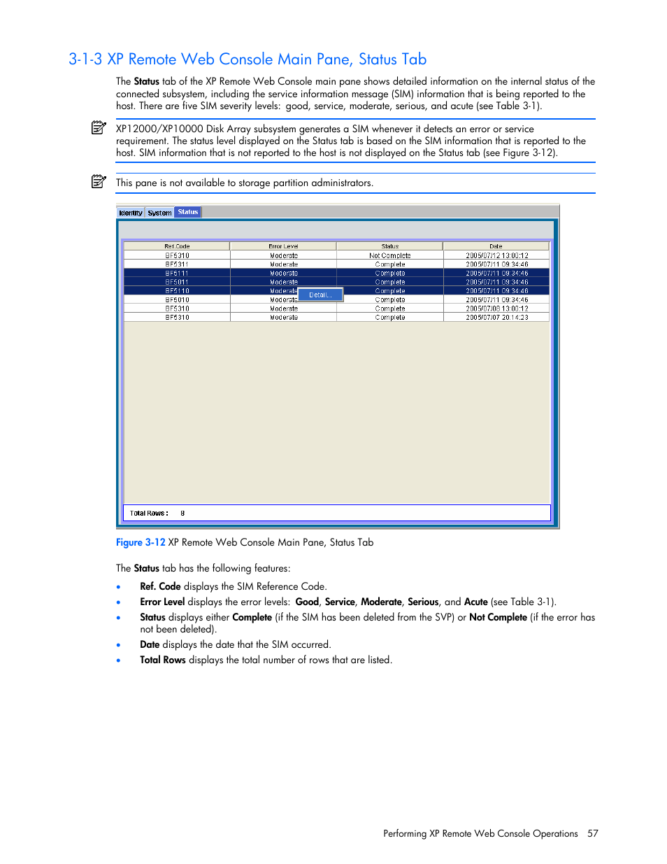 1-3 xp remote web console main pane, status tab | HP StorageWorks XP Remote Web Console Software User Manual | Page 57 / 131