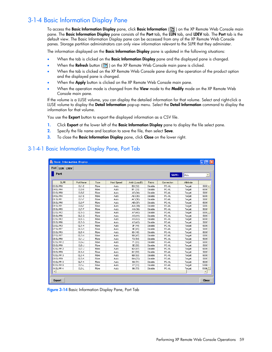 1-4 basic information display pane, 1-4-1 basic information display pane, port tab | HP StorageWorks XP Remote Web Console Software User Manual | Page 59 / 131