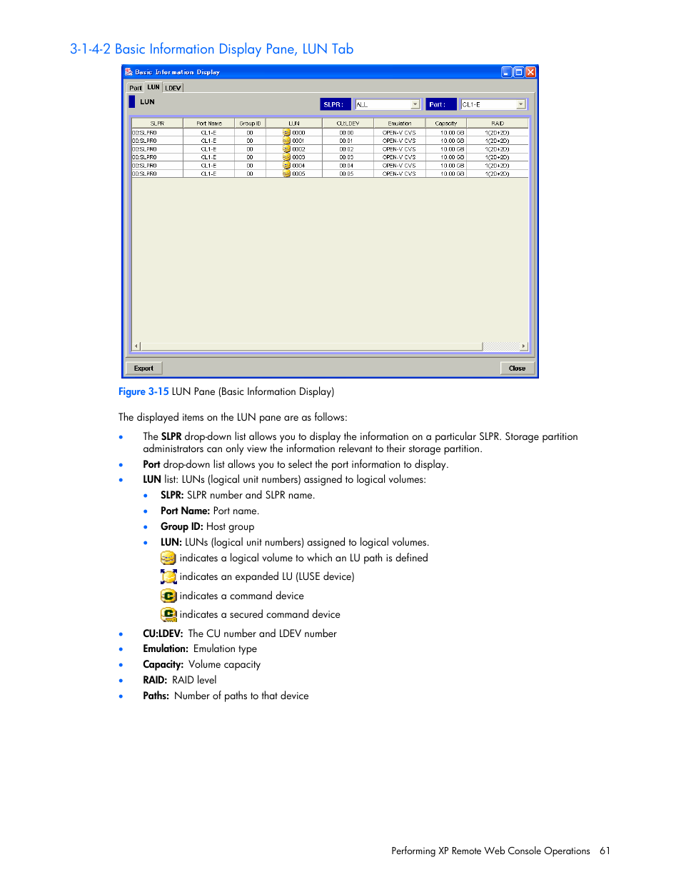 1-4-2 basic information display pane, lun tab | HP StorageWorks XP Remote Web Console Software User Manual | Page 61 / 131