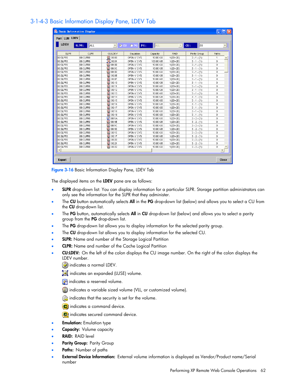 1-4-3 basic information display pane, ldev tab | HP StorageWorks XP Remote Web Console Software User Manual | Page 62 / 131